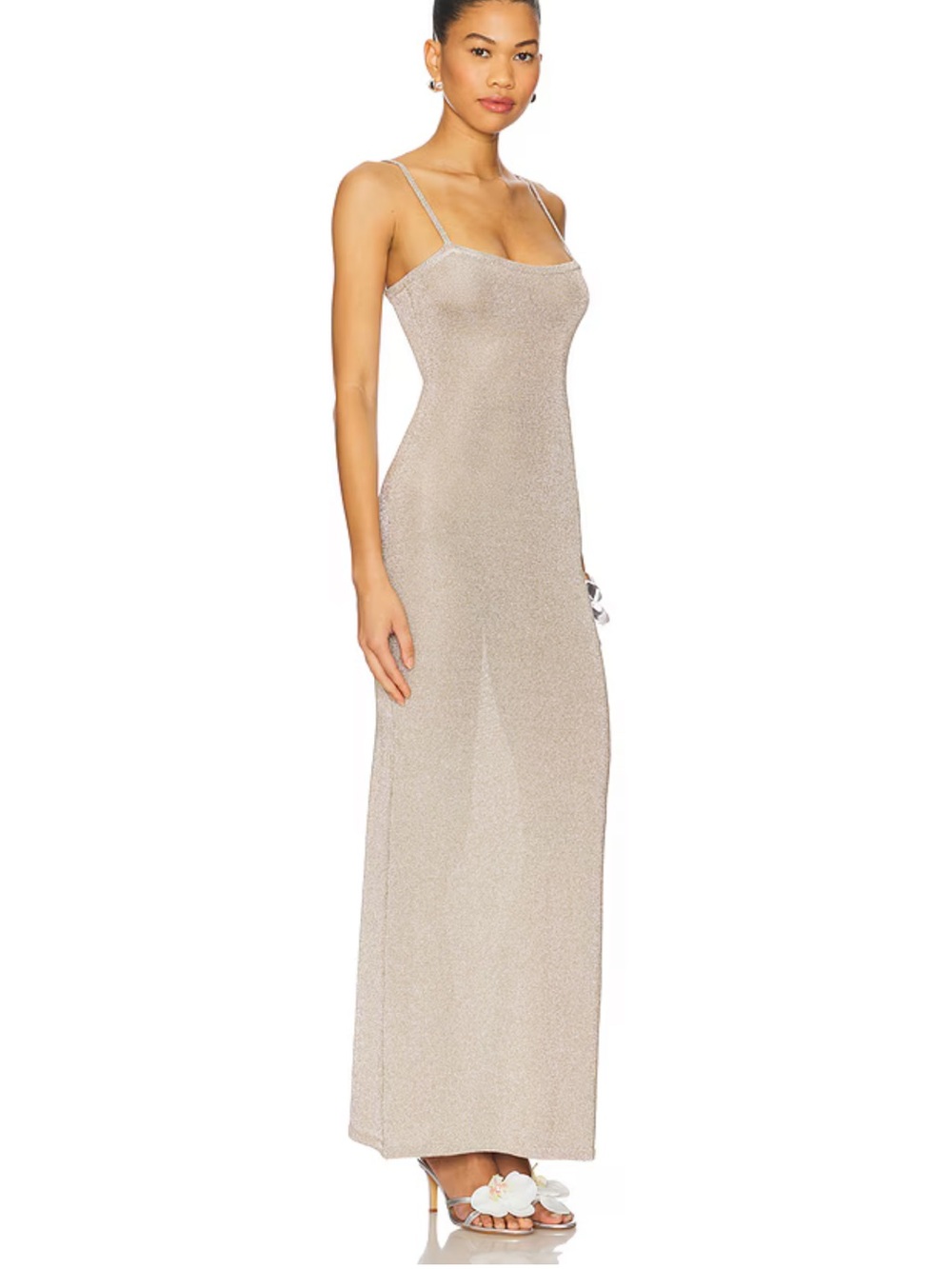 Spaghetti Strap Metallic Beige Maxi Dress